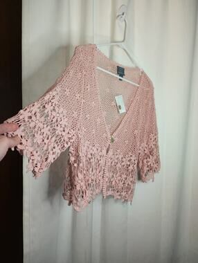 Rabbit Rabbit Womens Fairy Crochet Cardigan LG Pink Dainty Romantic Cottage NWT